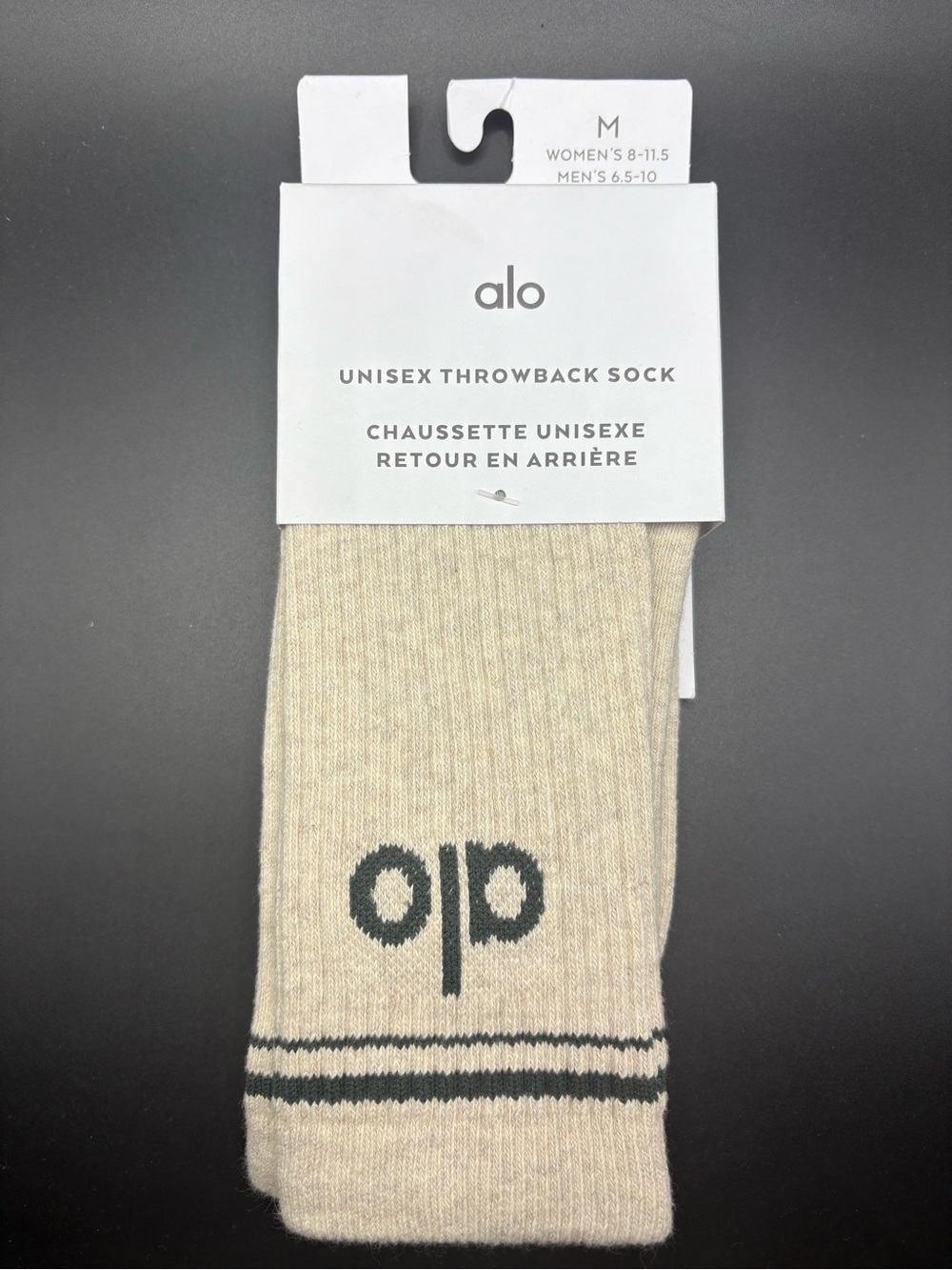 NWT ALO Yoga Unisex Throwback Sock - Oatmeal/Charcoal Green Size Medium
